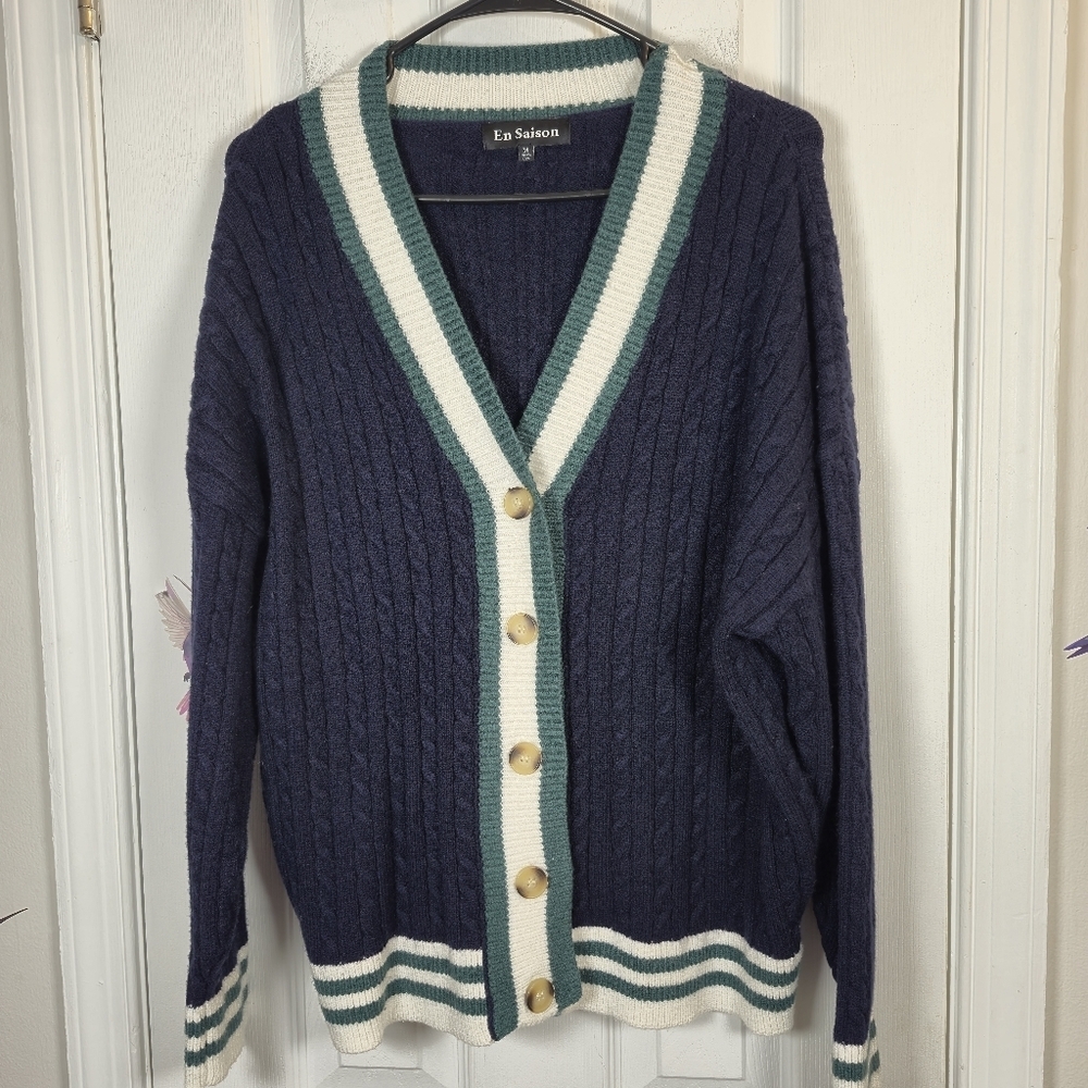 En Saison Spencer Cardigan Navy Cable Knit Striped Varsity Trim Sweater M